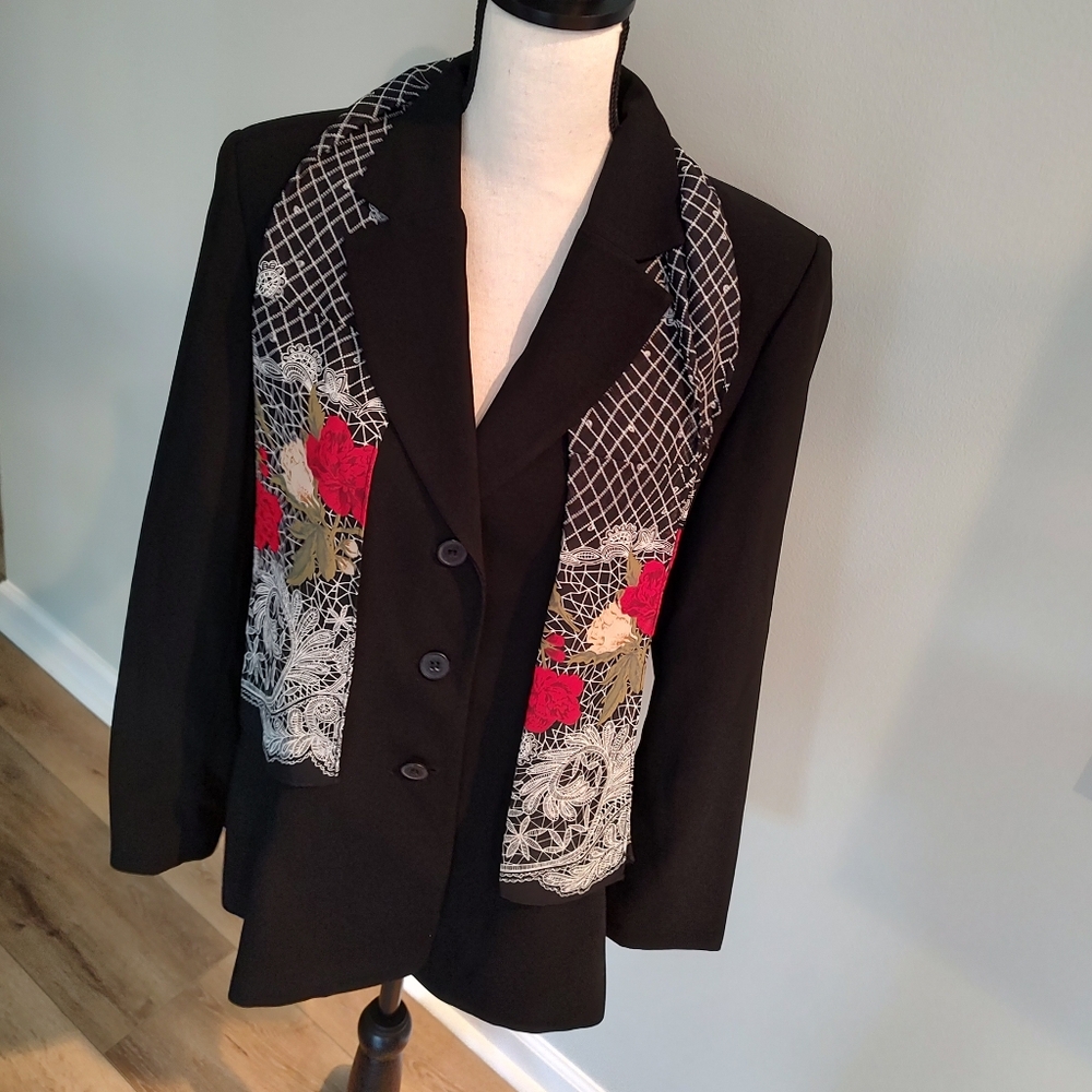 VTG Mary McFadden Collection Blazer Jacket Black With Scarf Floral Size …